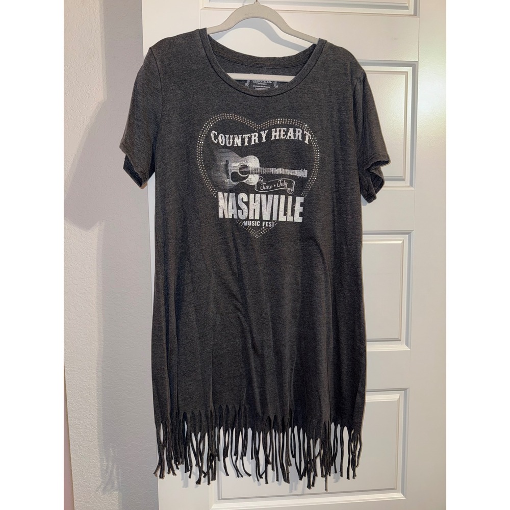Nashville Music Fest Fringe Graphic T-Shirt Dress Charcoal Grey XL Country Heart